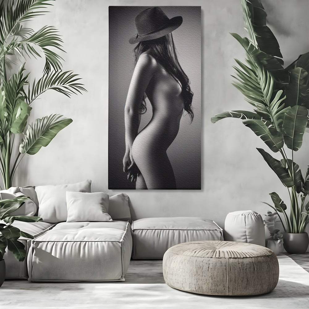 Tablou canvas cu tablou canvas cu silueta de femeie, fara rama, pe sasiu de lemn, pe perete intr-un living